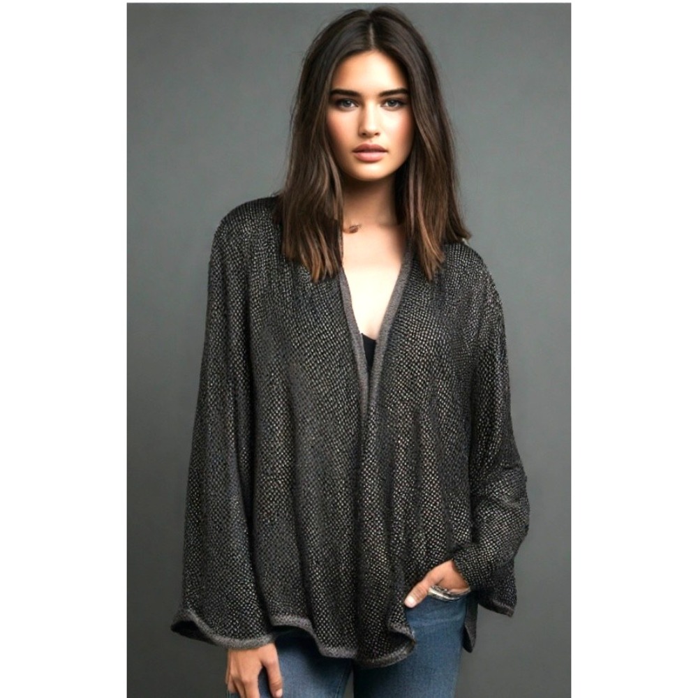 Jones New York Open Front Cardigan M Black Shimmer Holiday Evening Glam NWT